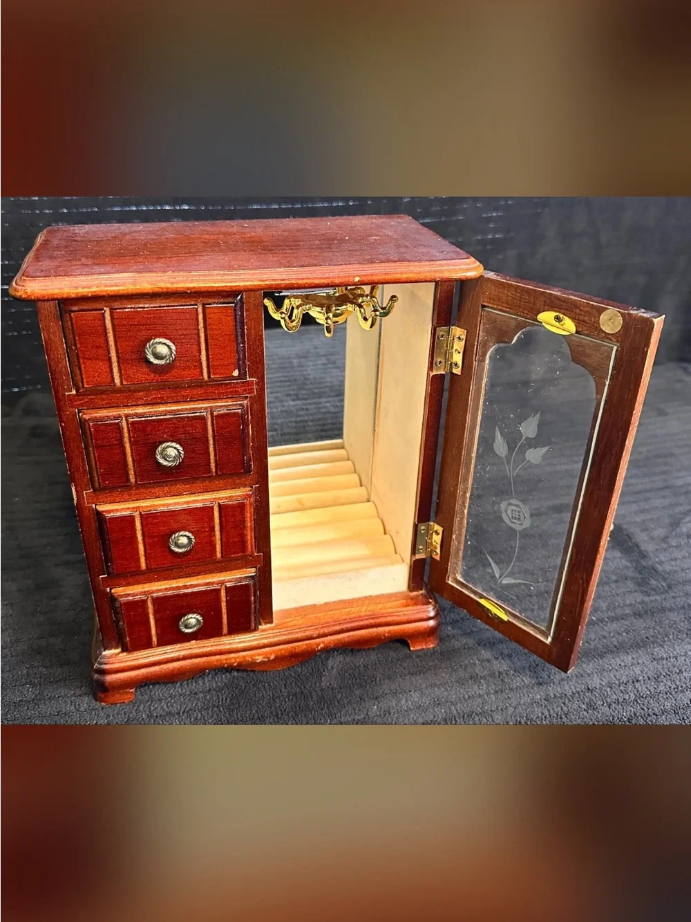 Vintage Wooden Jewelry Armoire Cabinet w/ Drawers, Mirror & Glass Door
